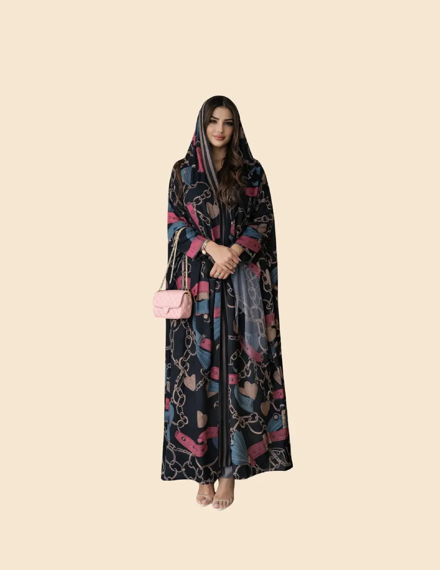 Saharawi Women’s Printed Open Abaya with Scarf