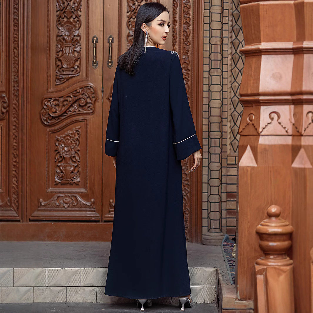 Navy blue embellished modest dress for women with floral detailing and contrast piping