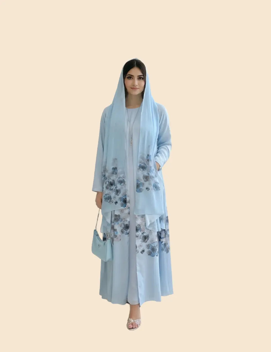 Saharawi Women’s Floral Printed Open Abaya with Scarf