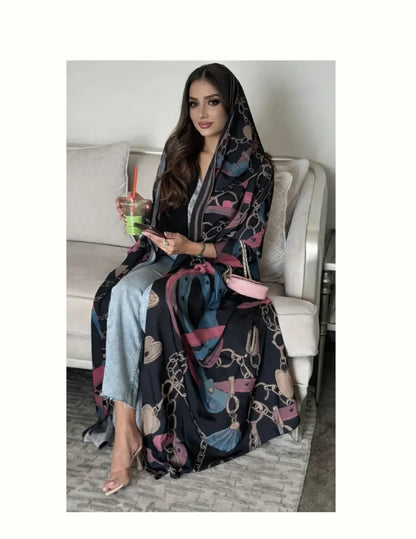 Saharawi Women’s Printed Open Abaya with Scarf