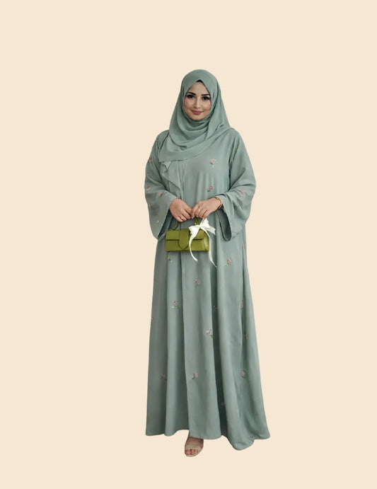 Saharawi Women’s Floral Embroidered Modest Abaya with Scarf