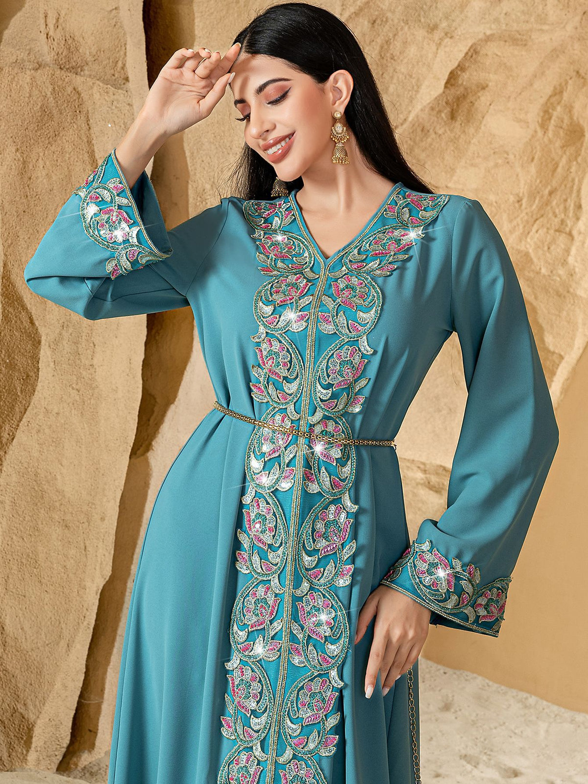 Saharawi Teal Embroidered Dress
