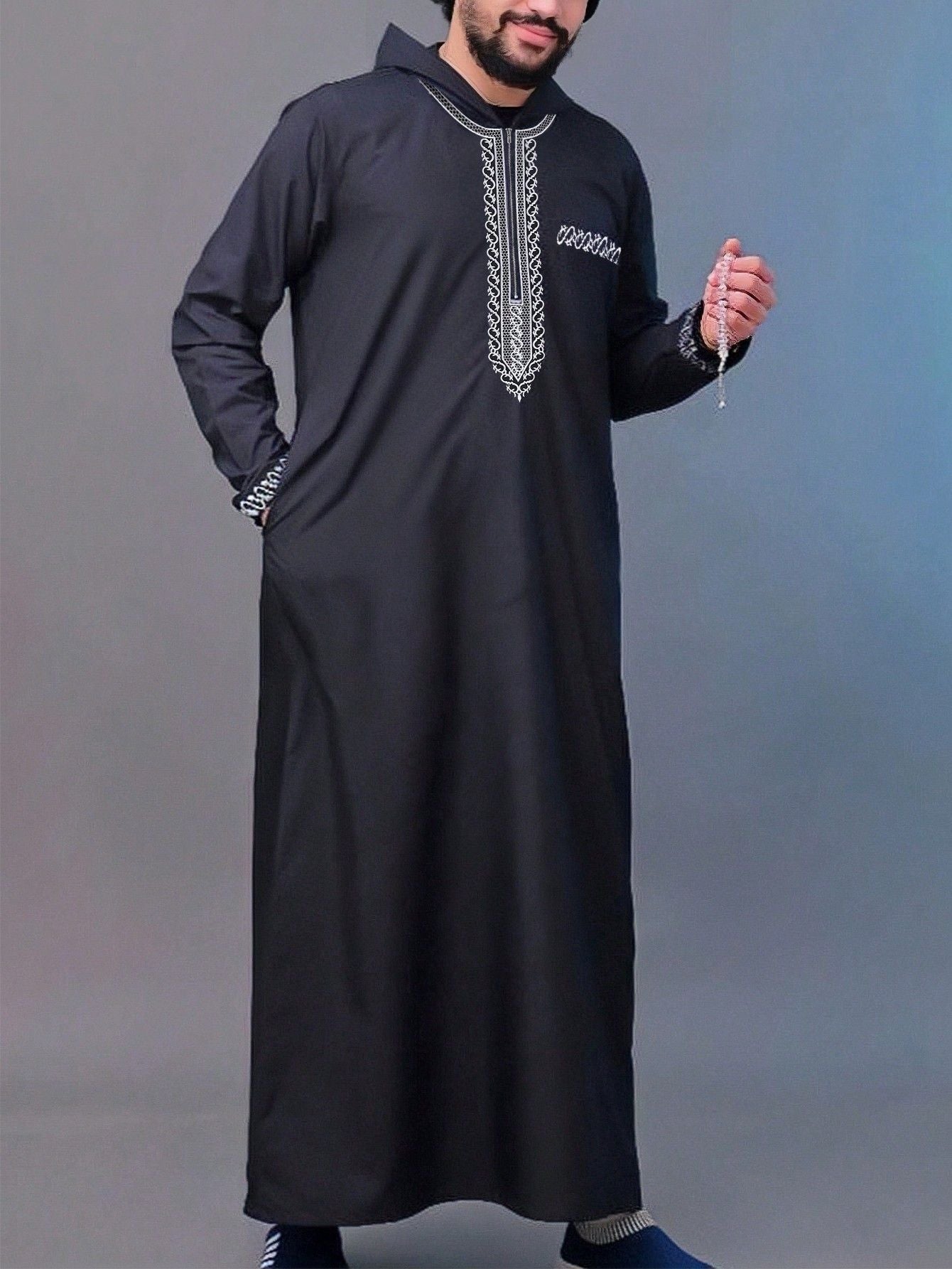Saharawi Black Hooded Thobe with Embroidery