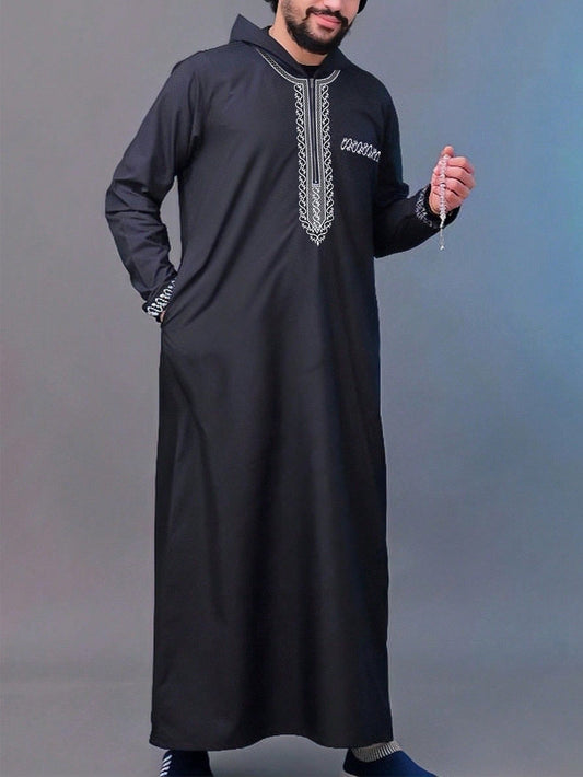 Saharawi Black Hooded Thobe with Embroidery