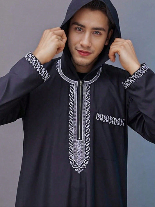 Saharawi Black Hooded Thobe with Embroidery