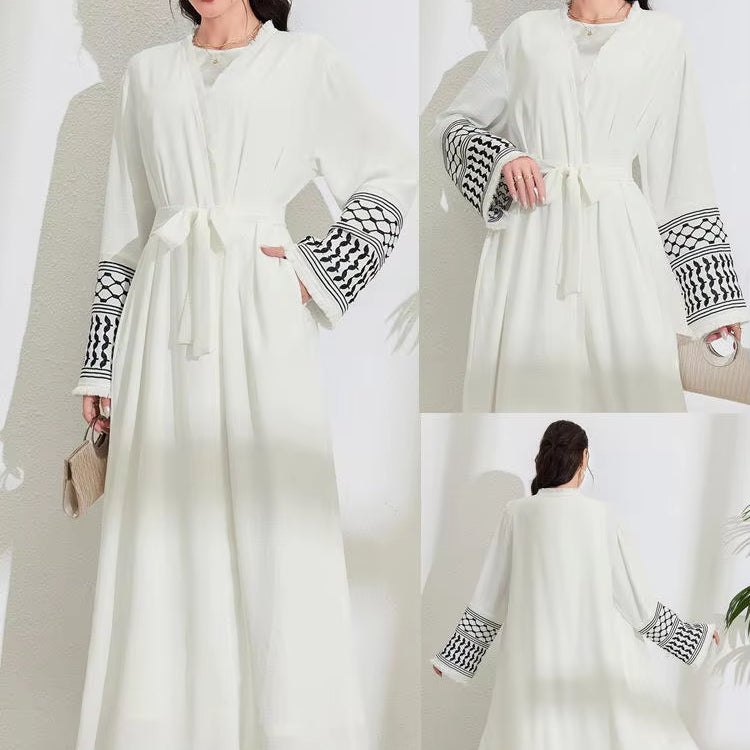 Saharawi White Embroidered Elegant Open Abaya