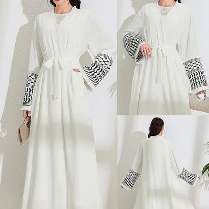 Saharawi White Embroidered Elegant Open Abaya