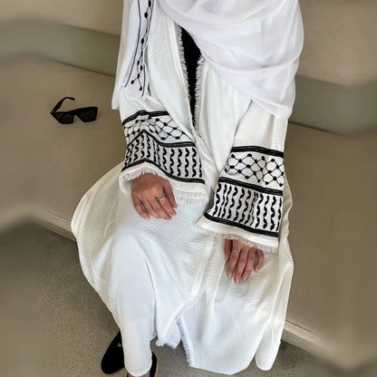 Saharawi White Embroidered Elegant Open Abaya