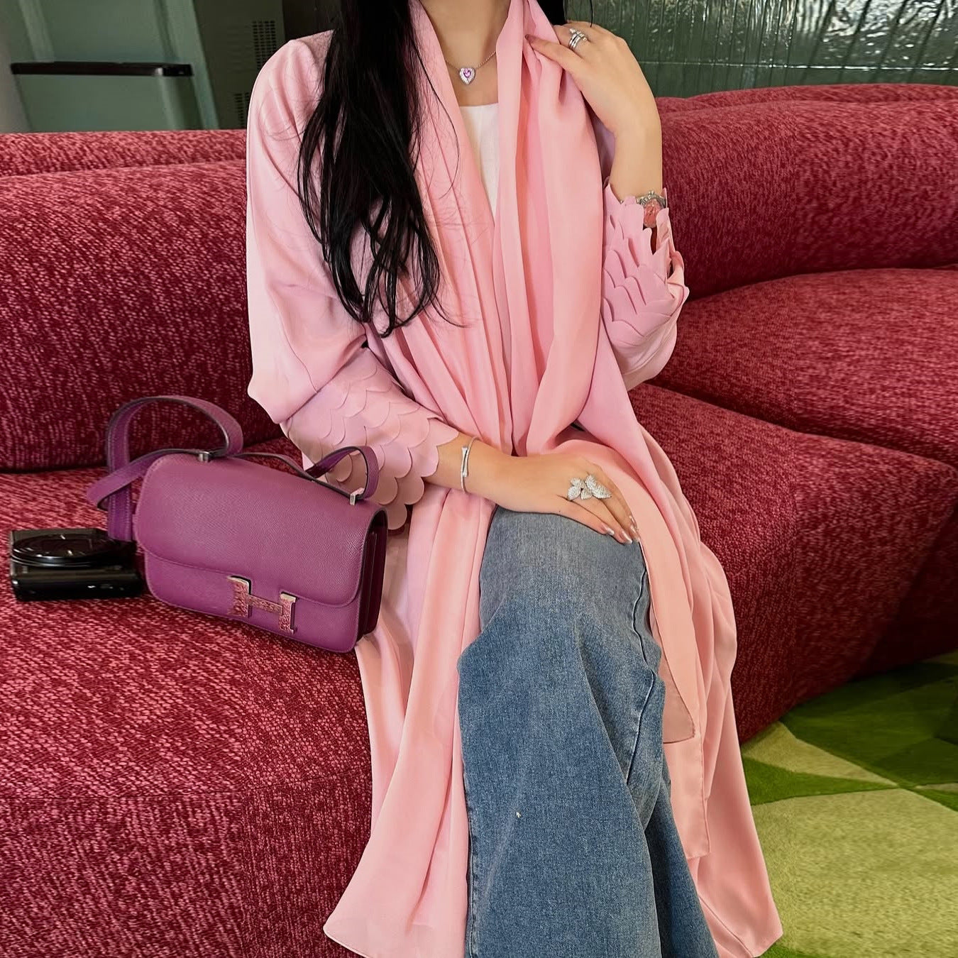 Saharawi Soft Pink Open Abaya With Scarf