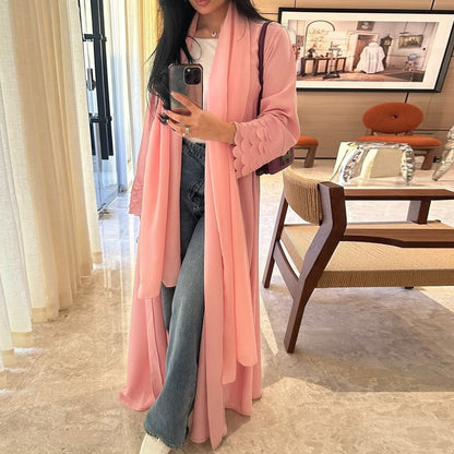 Saharawi Soft Pink Open Abaya With Scarf