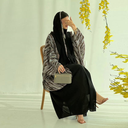 Saharawi Printed Overlay Open Abaya With Scarf