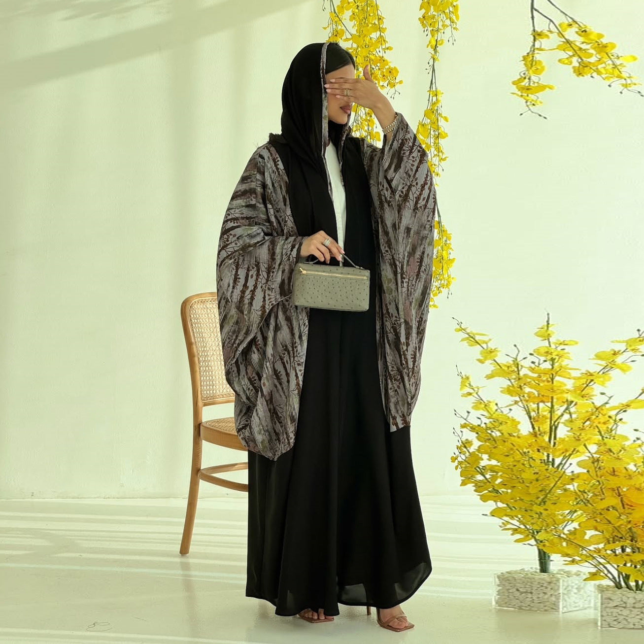Saharawi Printed Overlay Open Abaya With Scarf