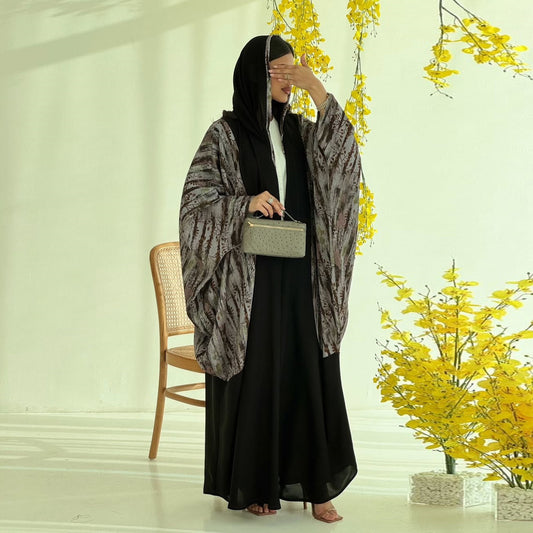 Saharawi Printed Overlay Open Abaya With Scarf