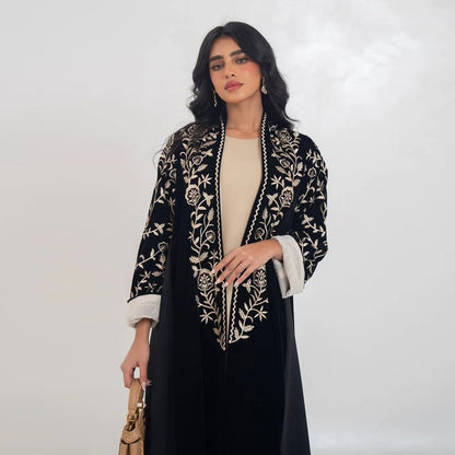 Saharawi Black Embroidered Open Abaya