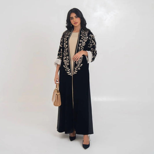 Saharawi Black Embroidered Open Abaya