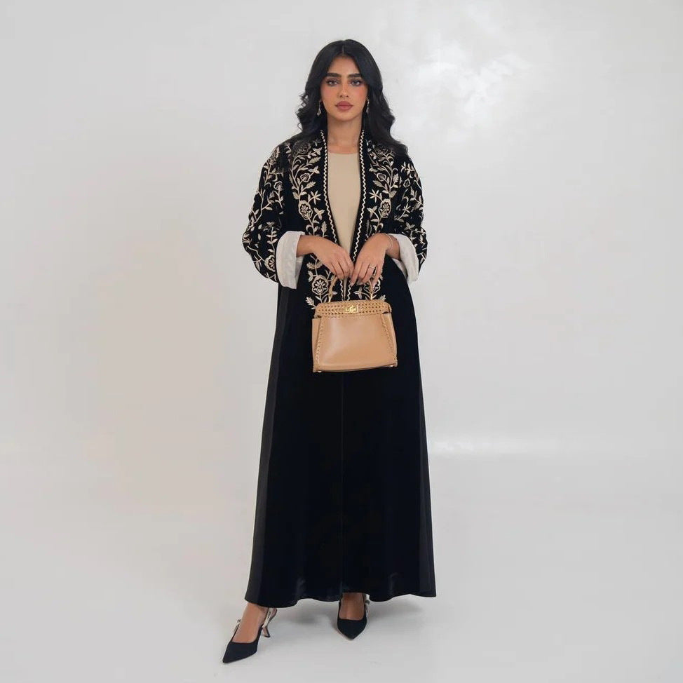 Saharawi Black Embroidered Open Abaya