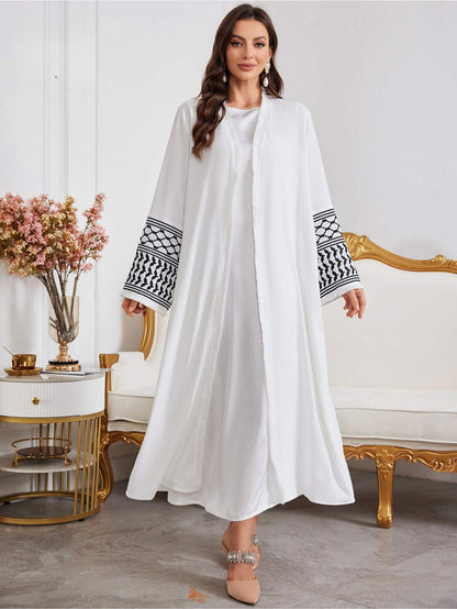 Saharawi White Embroidered Elegant Open Abaya