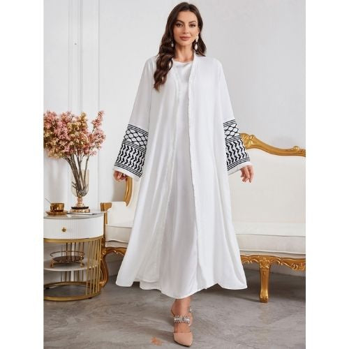 Saharawi White Embroidered Elegant Open Abaya