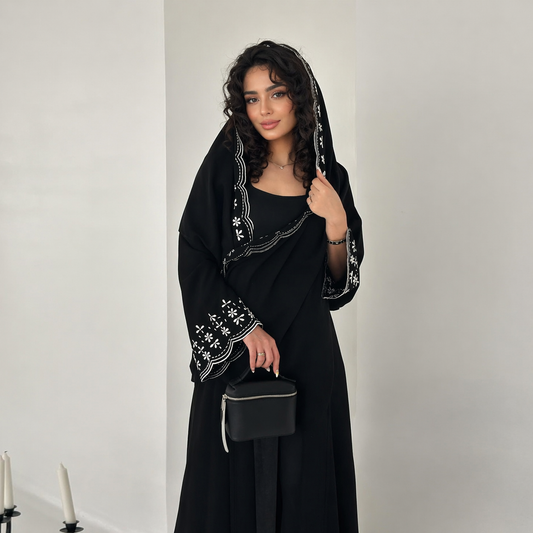 Saharawi Black Embroidered Abaya With Hijab