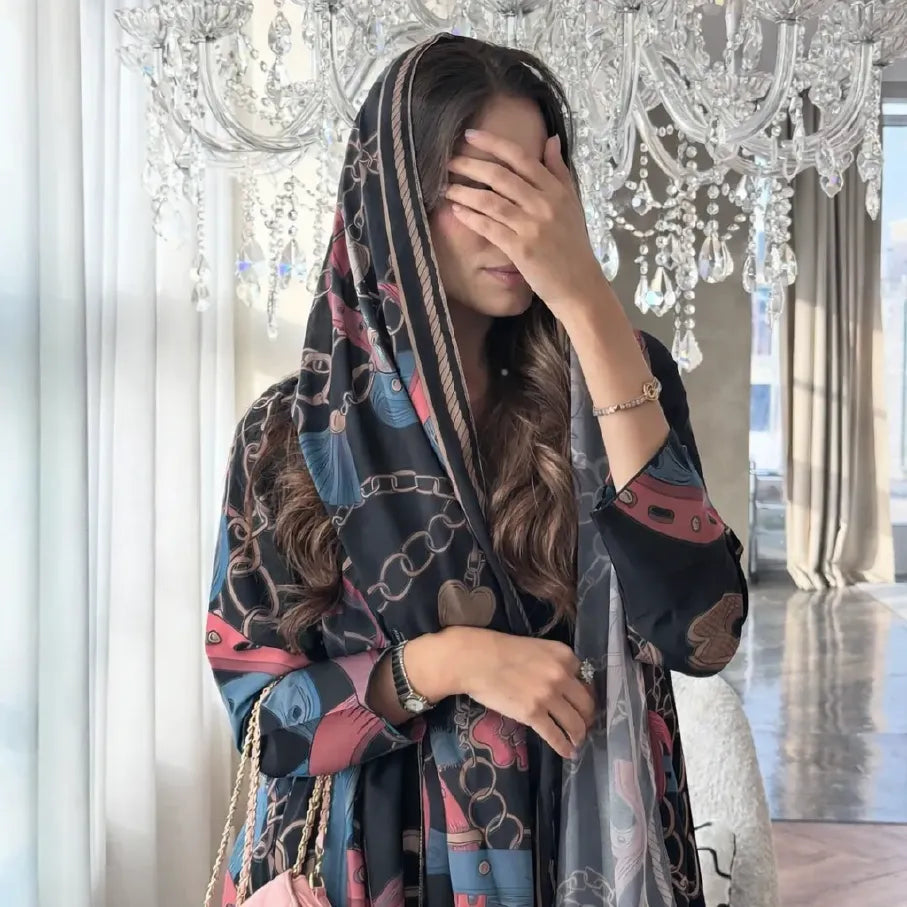 Saharawi Women’s Printed Open Abaya with Scarf