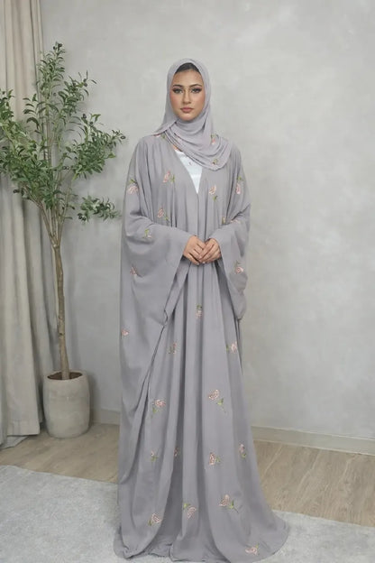 Women’s Floral Embroidered Flowing Abaya With Scarf