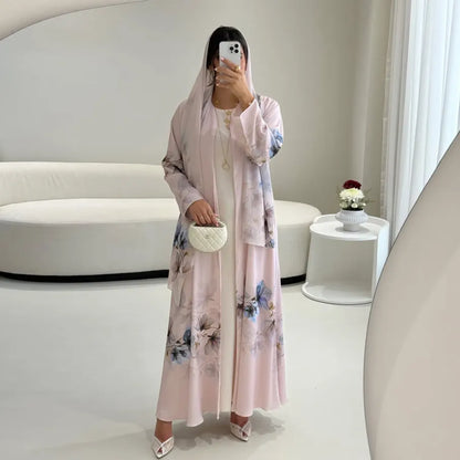 Saharawi Women’s Floral Printed Open Abaya with Scarf