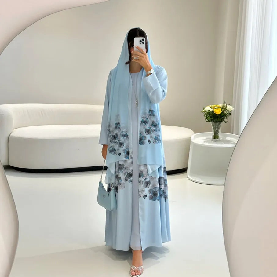 Saharawi Women’s Floral Printed Open Abaya with Scarf