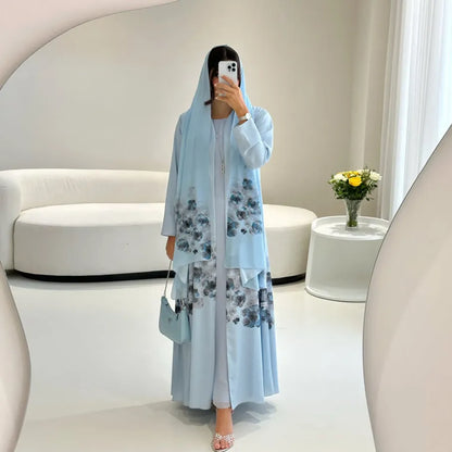 Saharawi Women’s Floral Printed Open Abaya with Scarf