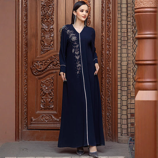 Navy blue embellished modest dress for women with floral detailing and contrast piping