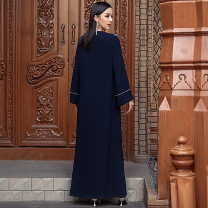 Navy blue embellished modest dress for women with floral detailing and contrast piping
