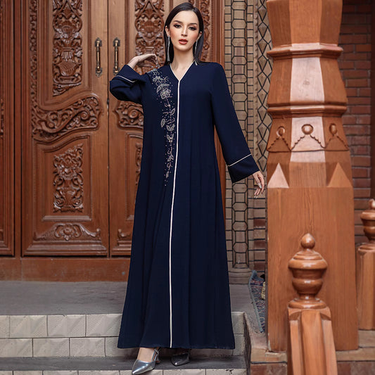 Navy blue embellished modest dress for women with floral detailing and contrast piping