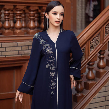 Navy blue embellished modest dress for women with floral detailing and contrast piping